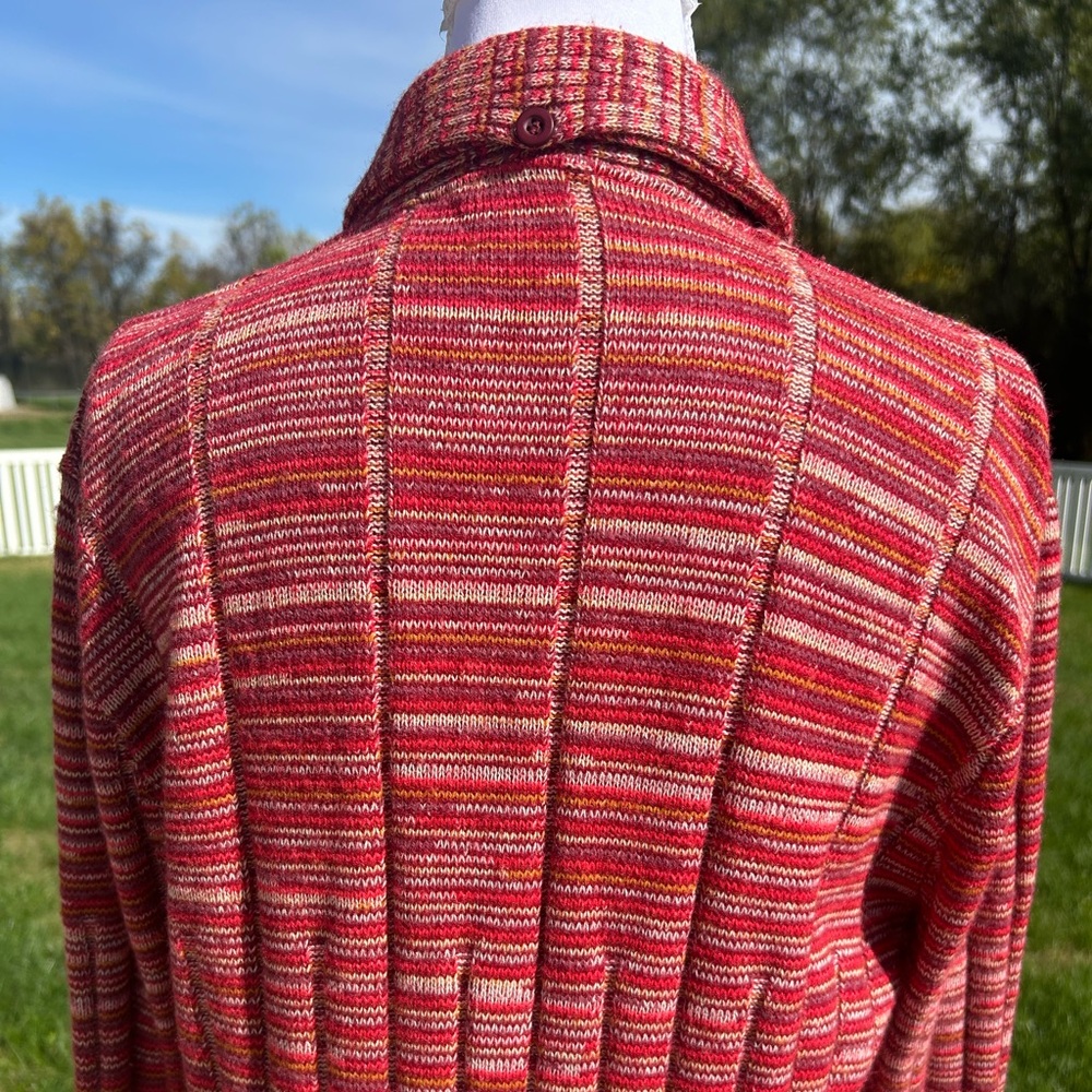 Vintage 70s Knit Red Rust Gold Space Dye Big Collar Henley Button Sweater Top S - Picture 5 of 6